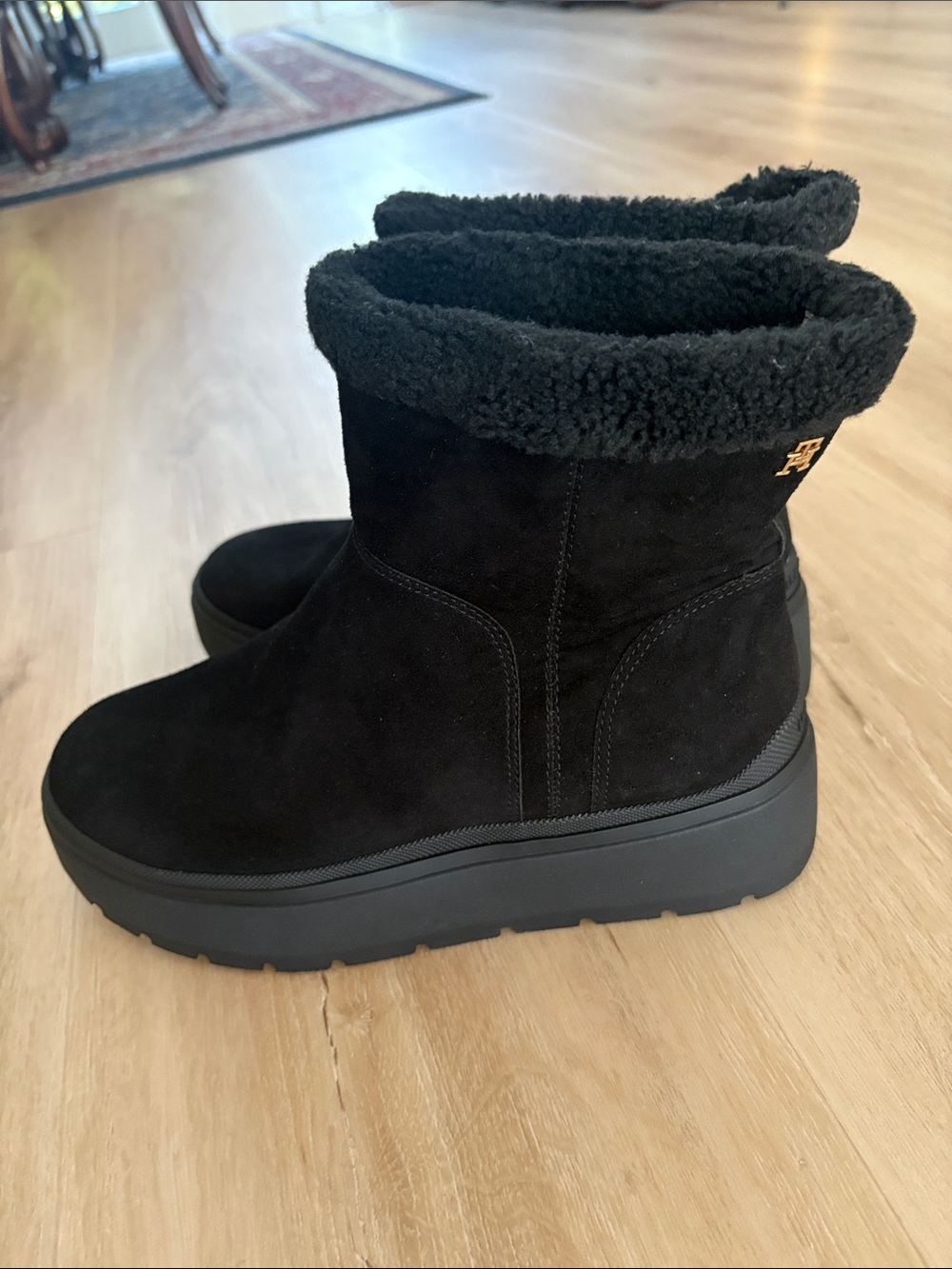 Tommy Hilfiger Black Suede Shearling-Lined Platform Ankle Boots